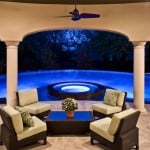 HDG Luna Tan, Caramel Colored Travertine Natural Stone in Outdoor Living Room Installation