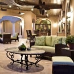 HDG Luna Tan, Caramel Colored Travertine Natural Stone in Courtyard Installation