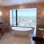 Luna Brown Mezzo Travertine Stone Interior in Luxury Bathroom