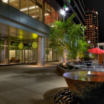 Water Features and Natural Stone Pavers Add to Ambiance of Outdoor Plaza