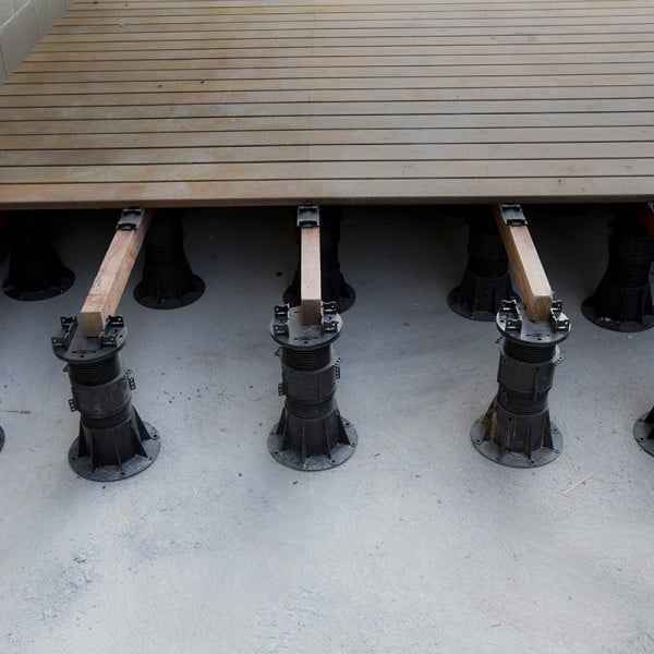 Buzon Pedestals with Joist Holder and Ipe Wood Decking - HDG Building Materials