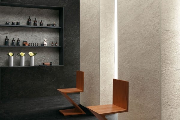 Waiting Area with Modern Chairs and Quartzite Stone Look Porcelain Walls and Floors
