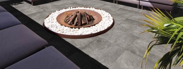 Sandina Grey Porcelain Paver Firepit Surround Application - feature image