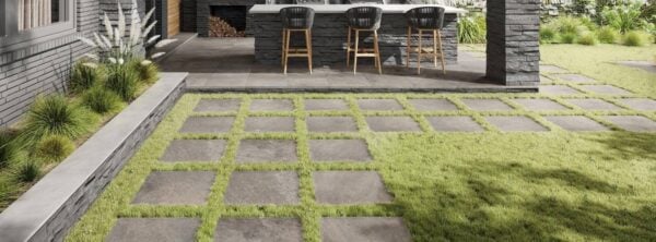 Outdoor Dining Room with Stone Finish AE-Grey Porcelain Pavers