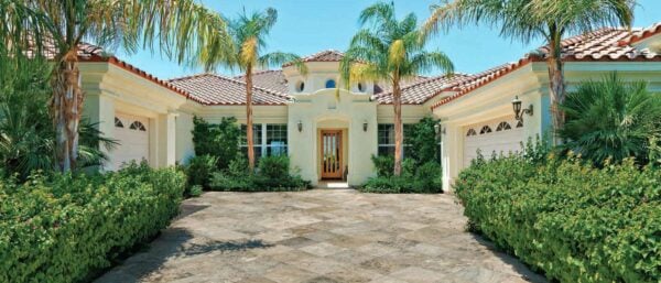 Driveway and Approach Made with Caffe Travertine Finish 2cm Outdoor Rated Porcelain Pavers from HDG Building Materials
