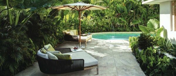 Outdoor Living Pool Surround with Trevino Shell Travertine Finish Porcelain Pavers