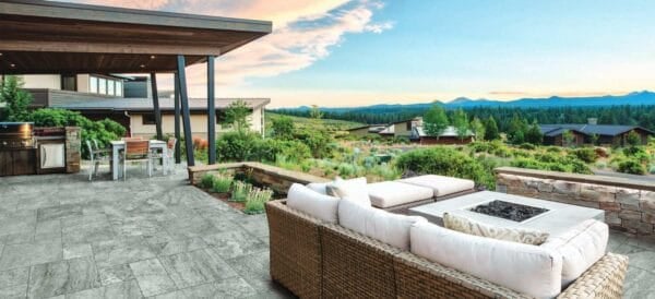 Outdoor Raised Terrace with Silver Travertine Porcelain Pavers Over Buzon Pedestals