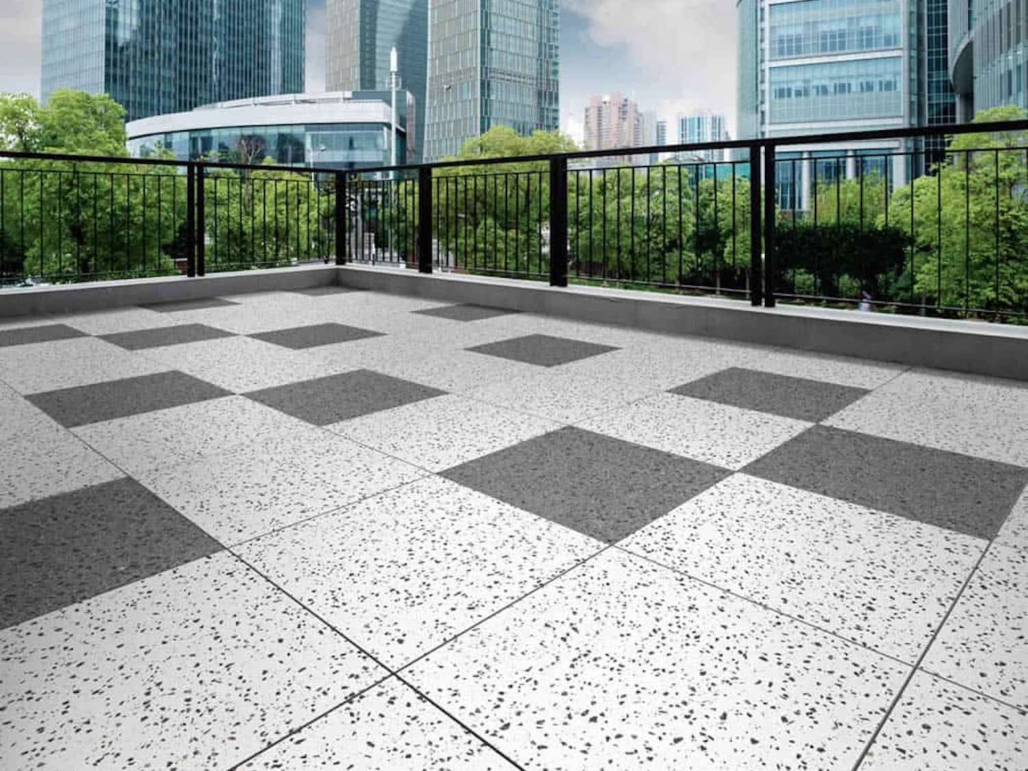 Rooftop deck with Terra White granite-look porcelain pavers