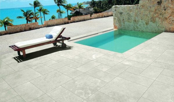 Trevino Ivory Travertine Finish Porcelain Paver Pool Surround