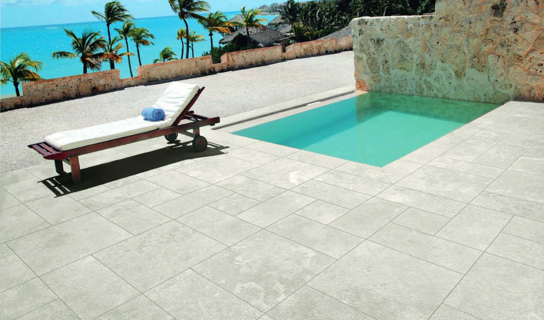 Trevino Ivory Travertine Finish Porcelain Paver Pool Surround