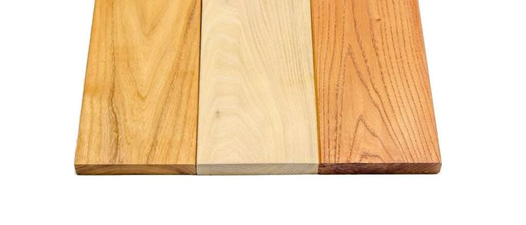 Black Locust wood samples finished with Robi Oil, natural finish, and Robi Blend, shown left to right.